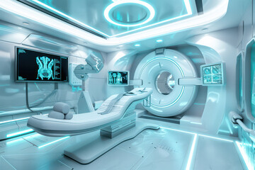 A futuristic hospital room with a large MRI machine