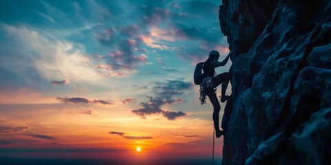 A man is climbing a rock face while the sun sets in the background - obrazy, fototapety, plakaty