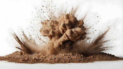 An abstract portrayal of a dry soil explosion, with dust particles dynamically suspended in an isolated scene against a white background Generative AI