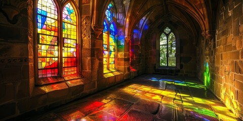 A large room with stained glass windows and a rainbow of colors