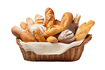 Basket Filled With Various Types of Bread. On a White or Clear Surface PNG Transparent Background..