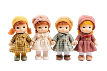 Group of Little Dolls Standing Together. On a White or Clear Surface PNG Transparent Background..