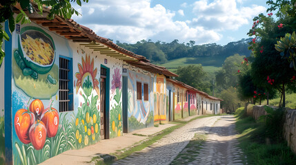 Explore small towns with vibrant murals depicting agricultural scenes on buildings - obrazy, fototapety, plakaty