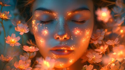Serene Connection: Woman and Luminescent Flowers Radiate Mystical Affinity