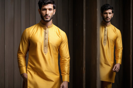 Young man wearing traditional yellow color kurta