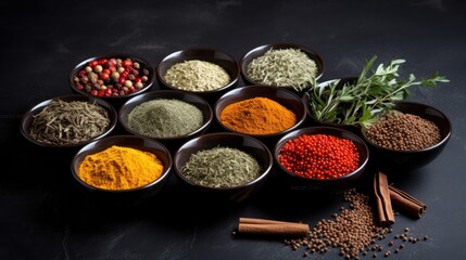 Obraz na płótnie Canvas Aromatic Essence - Variety of spices and herbs beautifully arranged