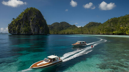 Speedboat sailing past a tourboat in a tropical lagoon, Wayag, Raja Ampat, West Papua, Indonesia. generative.ai