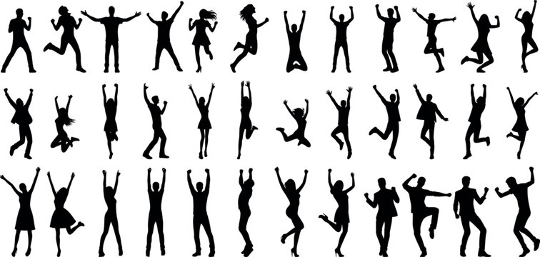 celebration Silhouette, energetic dance poses, people celebrating on white background, perfect for party flyers, banners, event promotions, diverse gestures, dynamic movements