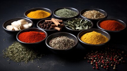 Aromatic Essence - Variety of spices and herbs beautifully arranged - obrazy, fototapety, plakaty