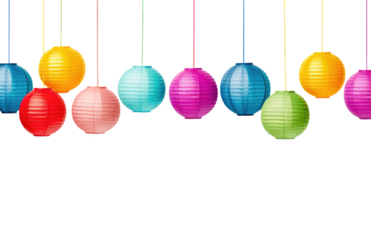 Group of Paper Lanterns Hanging From Strings. On a White or Clear Surface PNG Transparent Background..