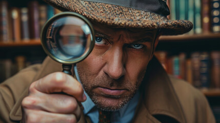 Intense detective in vintage attire closely inspecting through a magnifying glass against a bookshelf background.