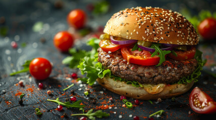 A succulent gourmet beef burger adorned with fresh lettuce, tomato, onion, and a seeded bun, on a...