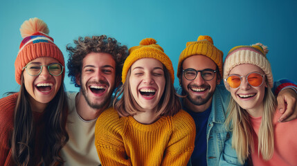 Joyful group of young adults laughing and enjoying together, wearing colorful winter hats against a blue backdrop.
