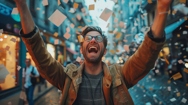 Joyful man with glasses celebrating ecstatically amidst a shower of confetti on a lively street.