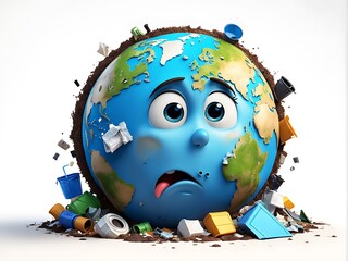 Planet earth with garbage and waste isolated on white background. 3D illustration. - obrazy, fototapety, plakaty