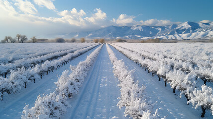 Fototapeta na wymiar the beauty of fields or orchards covered in a blanket of snow