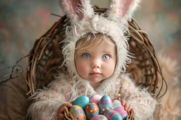 A child wearing a bunny suit, eagerly searching for Easter eggs.