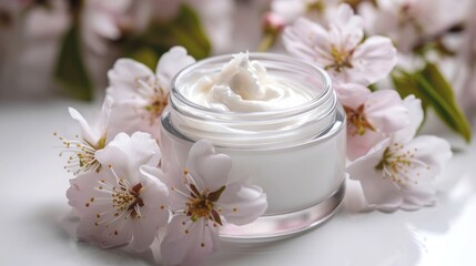 Fototapeta na wymiar whitening and moisturizing Face cream in an open glass jar and flowers on white background. Set for spa, skin care and body products and solutions for skin problems such as scars, acne, wrinkles.