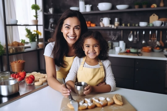 Indian mother cooking with little girl in the kitchen