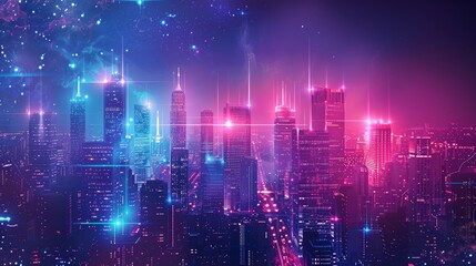 cityscape with space and neon light effect. Modern hi-tech, science, futuristic technology concept. Abstract digital high tech city design for banner background - obrazy, fototapety, plakaty