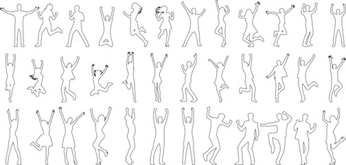celebration Line art, joyous people dancing. Minimalistic design, ideal for event promotions, invitations, decor. Expressing happiness through various poses.