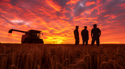 the silhouette of farmers working against a vibrant sunset sky