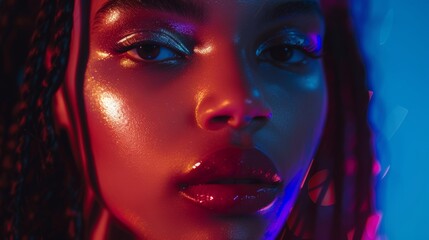 Close up of beautiful young woman. Arrows, glowing dark skin, wet lip gloss. Beauty and sensuality, portrait, face, fashion, woman, female, skin, makeup, young, model, style