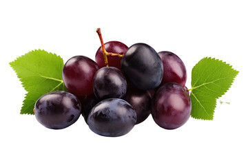 Fototapeta premium A Bunch of Grapes With Green Leaves on a White Background. On a White or Clear Surface PNG Transparent Background..