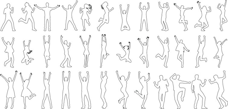 celebration Line art, joyous people dancing. Minimalistic design, ideal for event promotions, invitations, decor. Expressing happiness through various poses.