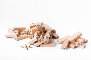 blocks wood tower game on white background. The concept of starting something new yourself.