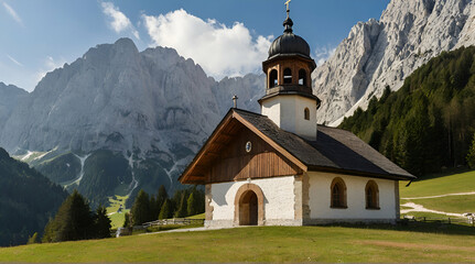 Fototapeta na wymiar old chapel at the karwendel mountains in austria eng alm. with copy space image. Place for adding text or design. generative.ai