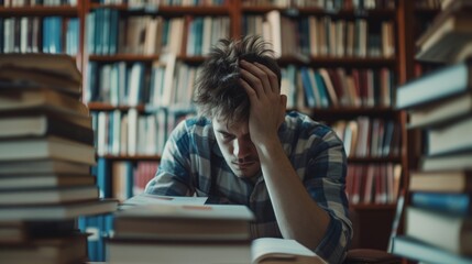 student man have anxiety because of exams, male prepare for test and learning lessons in the library. stress, despair, haste, misunderstanding reading, discouraged, expectation, knowledge, tired - obrazy, fototapety, plakaty