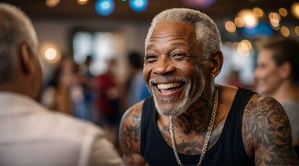 Muscular 70 year old African American man with tattoos. He laughs full of joy at a party. generative.ai - obrazy, fototapety, plakaty