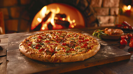 Baked pizza with vibrant variety of toppings and traditional brick oven. - obrazy, fototapety, plakaty
