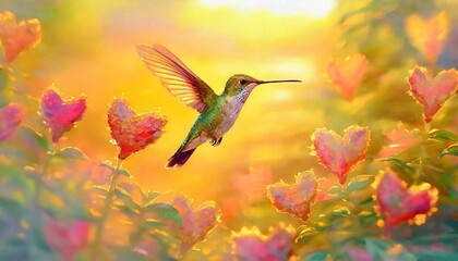 Fototapeta premium Twilight Whispers: Hummingbird Dance Among Heart-shaped Blooms