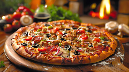 Baked pizza with vibrant variety of toppings and traditional brick oven.
