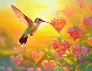 Twilight Whispers: Hummingbird Dance Among Heart-shaped Blooms"