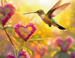 Fototapeta premium Twilight Whispers: Hummingbird Dance Among Heart-shaped Blooms