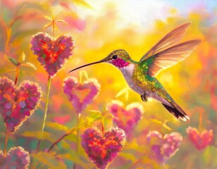 Twilight Whispers: Hummingbird Dance Among Heart-shaped Blooms"