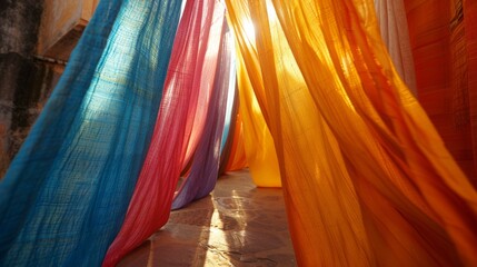 The warm glow of sunlight filters through delicate, colorful sheer curtains creating a soft, inviting atmosphere.