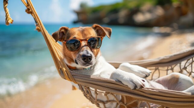Beach vacation bliss, dog with sunglasses on hammock in serene sea breeze