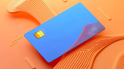 Blue credit card resting on textured orange surface with abstract wavy lines