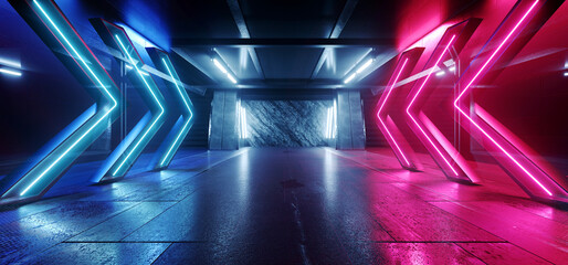 Cyber Arrows Neon Futuristic Sci Fi Tunnel Underground Garage Concrete Corridor Room Laser Spaceship Purple Blue Lights Gaming Room Tournament Background 3D Rendering