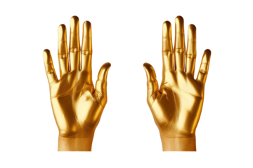 Pair of Gold Hand Gloves on White Background. On a White or Clear Surface PNG Transparent Background..