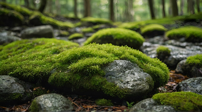 Green moss on rocks in fertile nature background forest. generative.ai