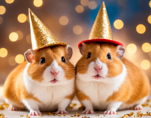 Cute guinea pigs, hamsters celebrate their birthday in festive caps. Confetti with lights.