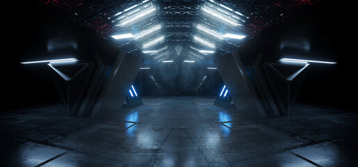 Sci Fi Futuristic Cyber Modern Spaceship Hallway Warehouse Tunnel Bunker Underground Laser Lights Electric Metal Concrete Hangar 3D Rendering