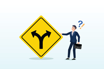 Contemplation businessman thinking which way to go on folk road sign, decision to choose pathway, alternative or choice, deciding career path, determination or thinking to find solution (Vector)