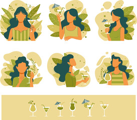 vector illustration, summer holiday, vacation, relax, martini, cocktail, young girl portrait, tan, faceless, icon, poster, woman, flower, cartoon, hair, spring, lady, bikini, green, beach, baby, desig