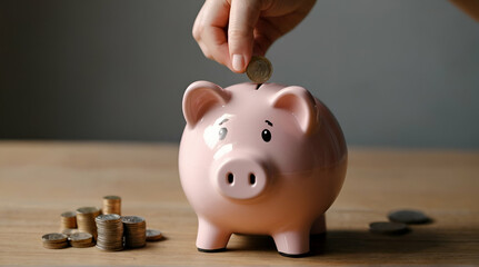 Female hand inserting coins into piggy bank to save money. generative.ai